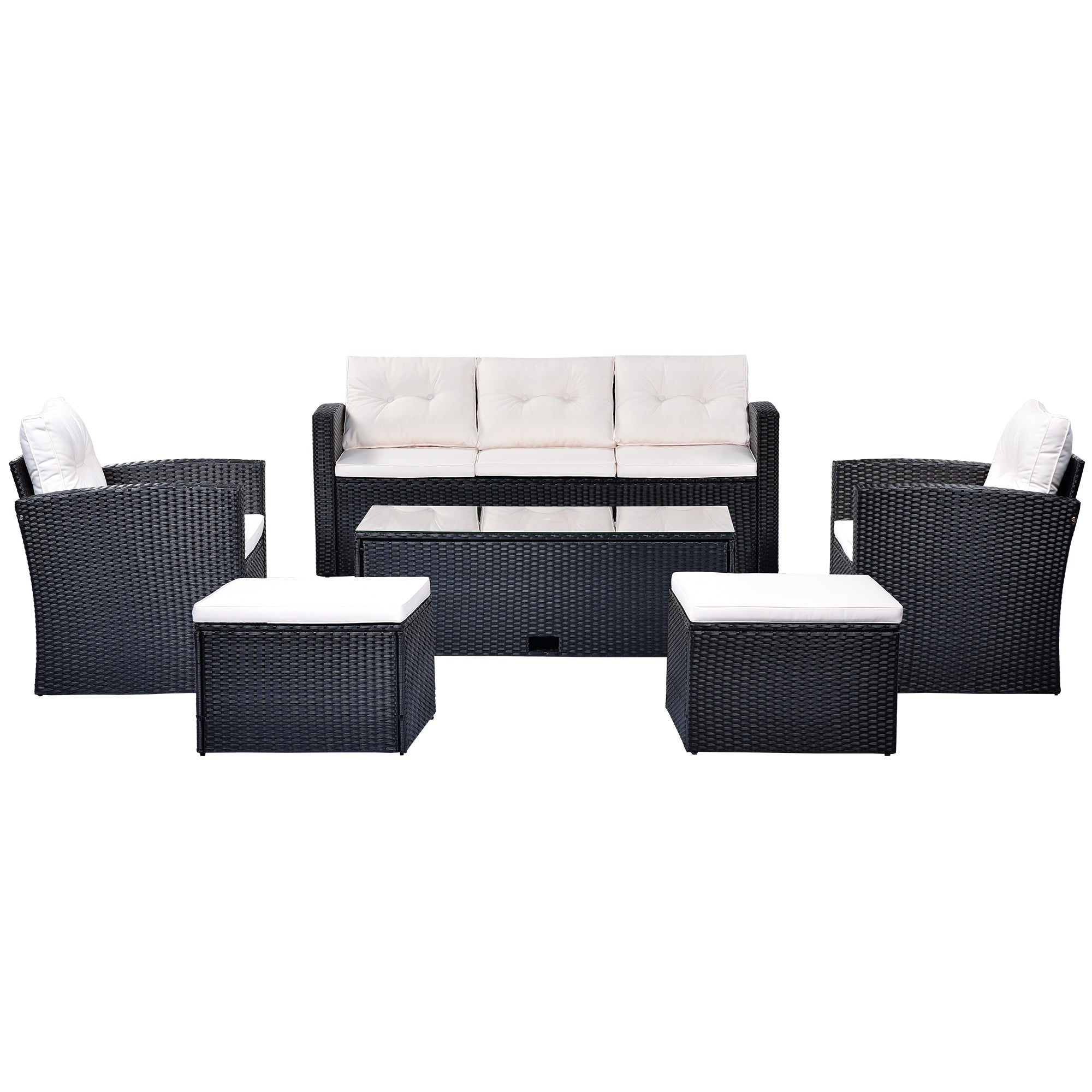 6-piece All-Weather Wicker PE rattan Patio Outdoor Dining Conversation Sectional Set with coffee table, wicker sofas, ottomans, removable cushions