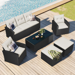 6-piece All-Weather Wicker PE rattan Patio Outdoor Dining Conversation Sectional Set with coffee table, wicker sofas, ottomans, removable cushions