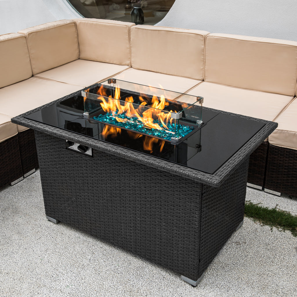 Outdoor Gas Fire Pit 44" Gas Propane Table 50,000 BTU with 8mm Tempered Glass Tabletop & Blue Stone& Steel table lid ETL Certification