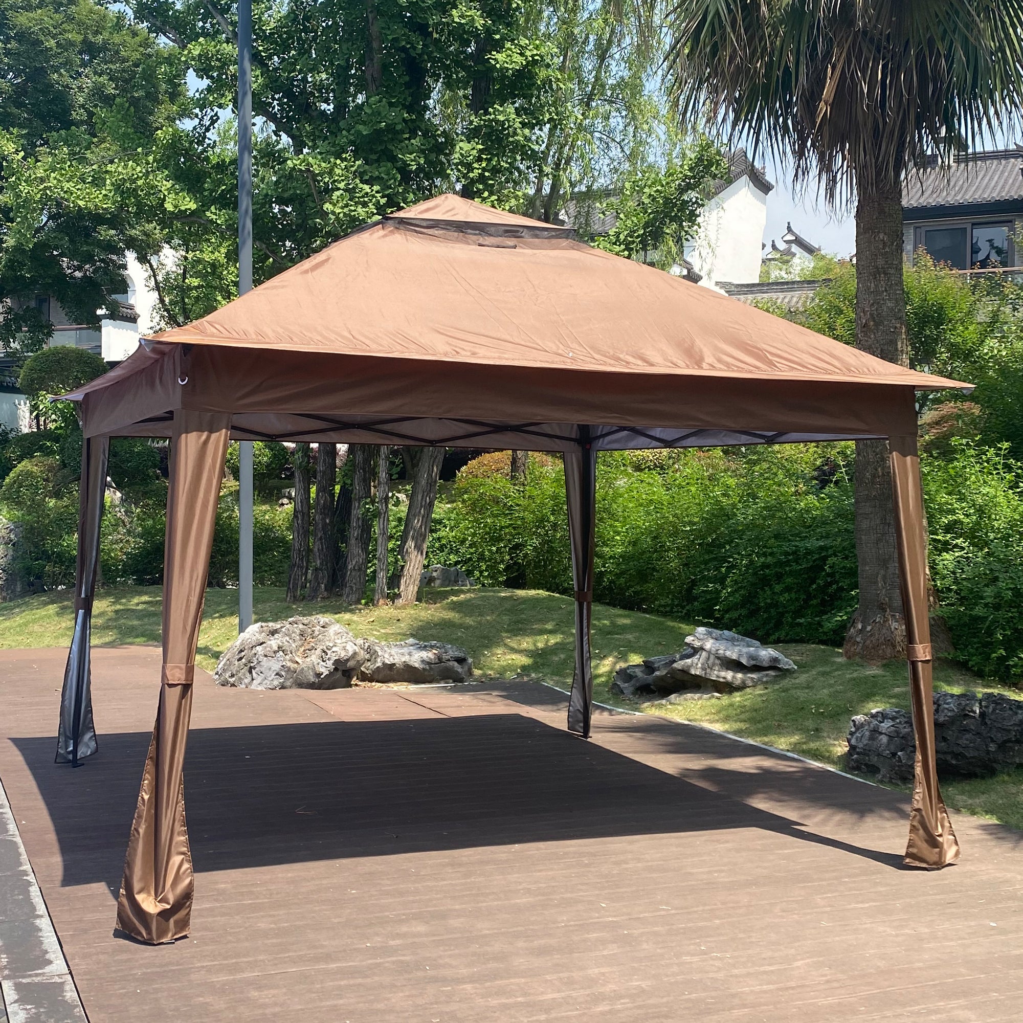 Outdoor Gazebo Brown Canopy With Removable Zipper Netting,2-Tier 11x 11 FT Suitable Patio Backyard Garden Camping Area with 4 Sandbags
