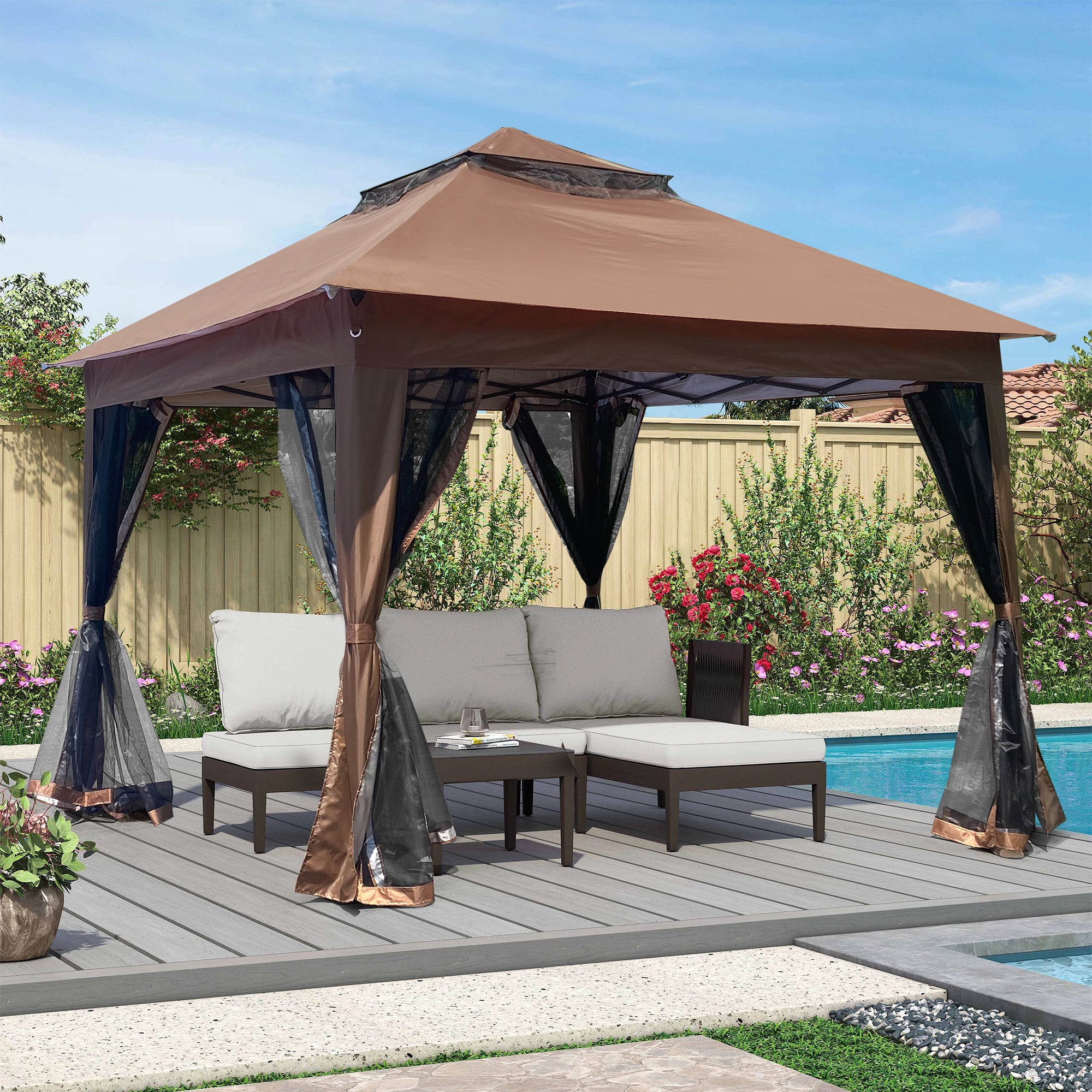 Outdoor Gazebo Brown Canopy With Removable Zipper Netting,2-Tier 11x 11 FT Suitable Patio Backyard Garden Camping Area with 4 Sandbags