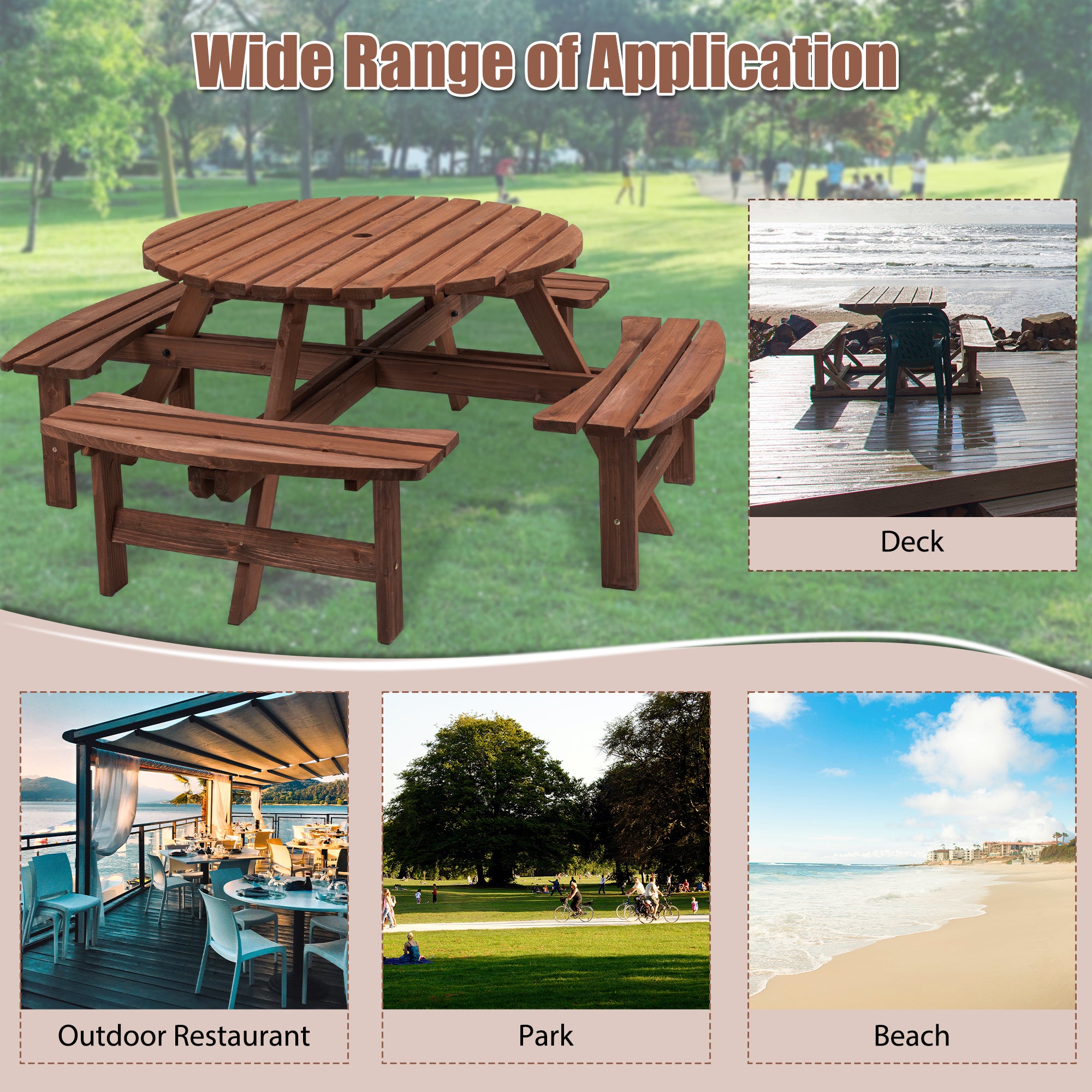 Outdoor Table Wooden Table with Seat, Garden Back Yard Table with 4 Built-in Benches Waterproof