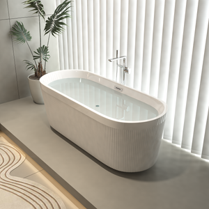 Signature Collection 59" Acrylic Freestanding Bathtub Unique Oval Shape Gloss White Finish Brushed Nickel Overflow & Pop-Up Drain