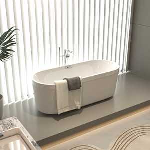 Signature Collection 59" Acrylic Freestanding Bathtub Unique Oval Shape Gloss White Finish Brushed Nickel Overflow & Pop-Up Drain