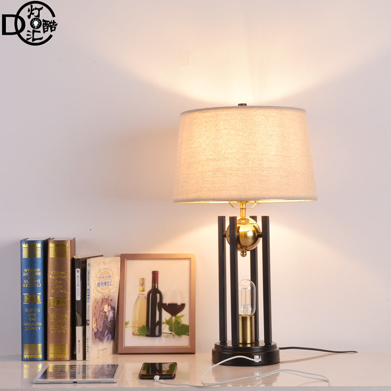 Modern LED Table Lamp Cloth Lampshade Metal Base Simple Living Room With Usb Ports