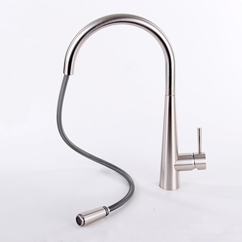 Pull Down Kitchen Faucet One Hole Brushed Stainless Steel High Arc Deck Mounted Kitchen Tap with Sprayer
