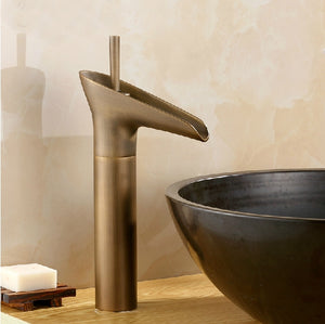Antique Brass Waterfall Vessel Sink Faucet - Single Hole Bathroom Mixer Tap