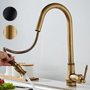 Retro Kitchen Faucet Pull-down Spray Brass One Hole Black Antique Bronze Vintage Sink Faucet