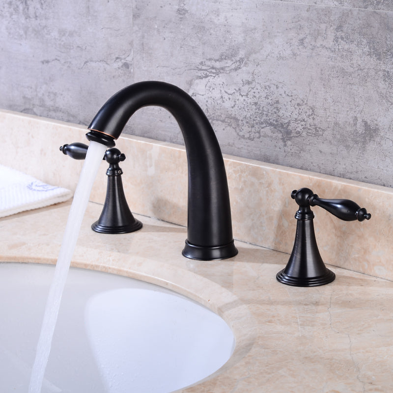 Polished Gold Wide Spread Bathroom Sink Faucet with Supply Hose Two Handles Three Holes Brass Lavatory Bathroom Faucet