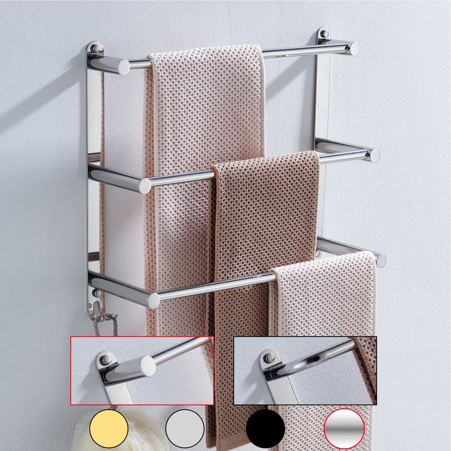Multi Tiers Towel Rack Stainless Steel 60cm Bathroom Towel Holder with 2 Hooks Wall Mounted