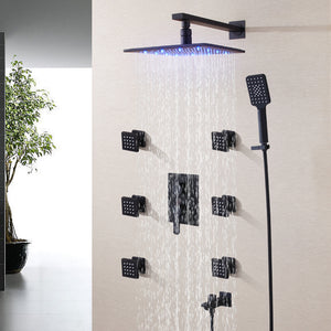 Matte Black Shower Faucet Set Rainfall Shower Head With Extension Arm And Massage Body Jet Shower System
